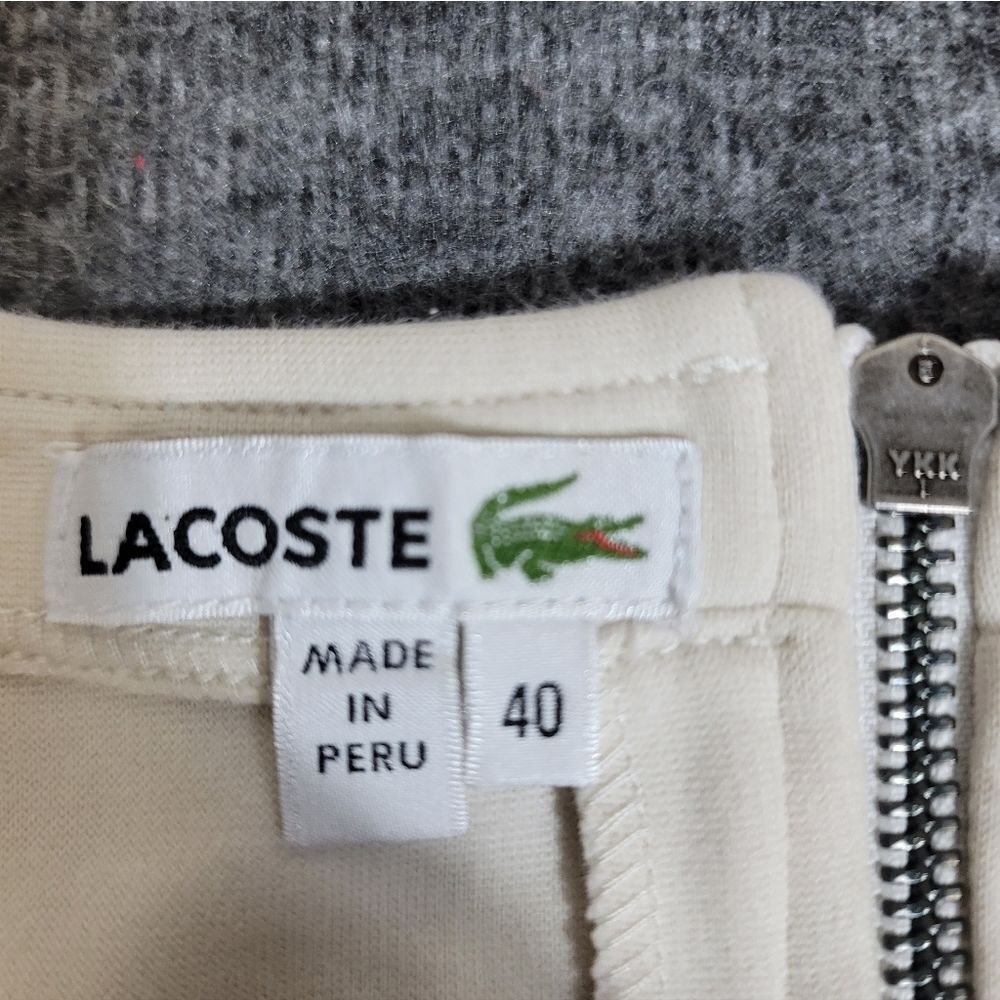 Lacoste Women’s Dress Size 40 M Cream Long Sleeve Shift Stretch Pleated Hem Logo - Picture 2 of 13